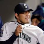 Mariners starting pitcher Hisashi Iwakuma looks on from the dugout after being removed during the sixth inning of a game against the Angels on May 3, 2017, in Seattle. (AP Photo/Elaine Thompson)