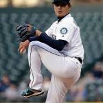Mariners starting pitcher Hisashi Iwakuma in action against the Angels in a game May 3, 2017, in Seattle. (AP Photo/Elaine Thompson)