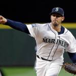 Mariners starting pitcher Christian Bergman throws to an Athletics batter during the fifth inning of a game May 17, 2017, in Seattle. (AP Photo/Elaine Thompson)