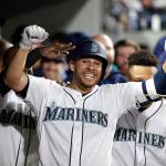The Mariners&rsquo; Danny Valencia celebrates his solo home run against the Angels in the sixth inning of a game May 2, 2017, in Seattle. (AP Photo/Elaine Thompson)