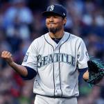 Mariners starting pitcher Yovani Gallardo reacts after giving up a run in a game against the Red Sox on May 26, 2017, at Fenway Park in Boston. (AP Photo/Charles Krupa)