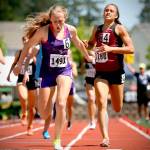 Lake Steven&rsquo;s Taylor Roe (left) edges out Eastlake Brooke Mason in the 800 meters during the state track and field championships on May 27, 2017, at Mount Tahoma High School in Tacoma. (Kevin Clark / The Herald)