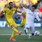 Crew forward Justin Meram (9) shoots past Sounders defender Tony Alfaro (15) for a goal during the first half of an MLS match on May 31, 2017, in Columbus, Ohio. (Joshua A. Bickel/The Columbus Dispatch via AP)