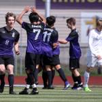 Kamiak players celebrate a goal during a 4A district playoff game against Mariner on May 13, 2017, in Lake Stevens. Kamiak won 2-1. (Kevin Clark / The Herald)