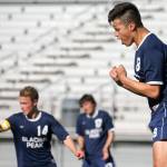 Glacier Peak&rsquo;s Danny Guerrero celebrates a penalty-kick goal during a 4A state playoff match against Skyline on May 20, 2017, at Skyline High in Sammamish. (Kevin Clark / The Herald)