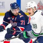 Former Everett Silvertip Dawson Leedahl (left) is a member of the Regina Pats team that is playing Seattle in the Western Hockey League finals. (Brian Liesse/Seattle Thunderbirds)