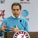 In this Jan. 13, 2017, file photo, Alabama football coach Nick Saban speaks to the media in Tuscaloosa, Alabama. University trustees on Tuesday approved a three-year contract extension for Saban that runs through the 2024 season. (Vasha Hunt/AL.com via AP, File)