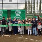 North Snohomish Little League officials, players and parents are joined by the Mariner Moose (right) for the ribbon-cutting ceremony at NSLL&rsquo;s newly refurbished field. The event took place May 1. (Submitted photo)
