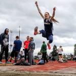 Everett&rsquo;s Christina Blackmon competes in the long jump during the Everett School District Championship on Friday at Everett Memorial Stadium. Blackmon and Seagulls teammate Marlena Urvater tied for first with jumps of 16 feet, 5 inches. (Kevin Clark / The Herald)