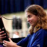 Elijah Croyle, 14, glances in the direction of his band teacher Mike Mines at the start of practice Wednesday. An eighth grader at Valley View Middle School in Snohomish, He also plays at least four instruments, including the bassoon that he&rsquo;s holding. (Dan Bates / The Herald)