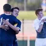 Glacier Peak&rsquo;s Miles Johnston and Ryan Fey celebrates their 2-0 victory over Skyline in a 4A state playoff match on May 20, 2017, at Skyline High in Sammamish. (Kevin Clark / The Herald)