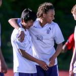 Kamiak&rsquo;s Manuel Segura (left) and Andre&rsquo; Hamilton celebrate the Knights&rsquo; 1-0 win over Lake Stevens on Saturday in a 4A District 1 tournament match in Mukilteo. Segura&rsquo;s wondrous scissor-kick goal was the difference for Kamiak. (Kevin Clark / The Herald)