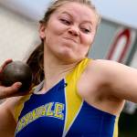 Ferndale&rsquo;s Gabrielle Edison competes in the shot put during the 3A District 1 track and field championships on May 19, 2017, at Shoreline Stadium. (Kevin Clark / The Herald)
