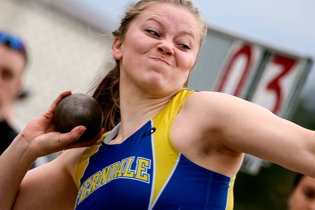 Ferndale&rsquo;s Gabrielle Edison competes in the shot put during the 3A District 1 track and field championships on May 19, 2017, at Shoreline Stadium. (Kevin Clark / The Herald)