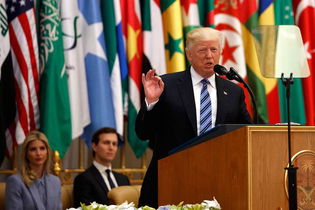 President Donald Trump delivers a speech to the Arab Islamic American Summit, at the King Abdulaziz Conference Center, Sunday, May 21, 2017, in Riyadh, Saudi Arabia. (AP Photo/Evan Vucci)