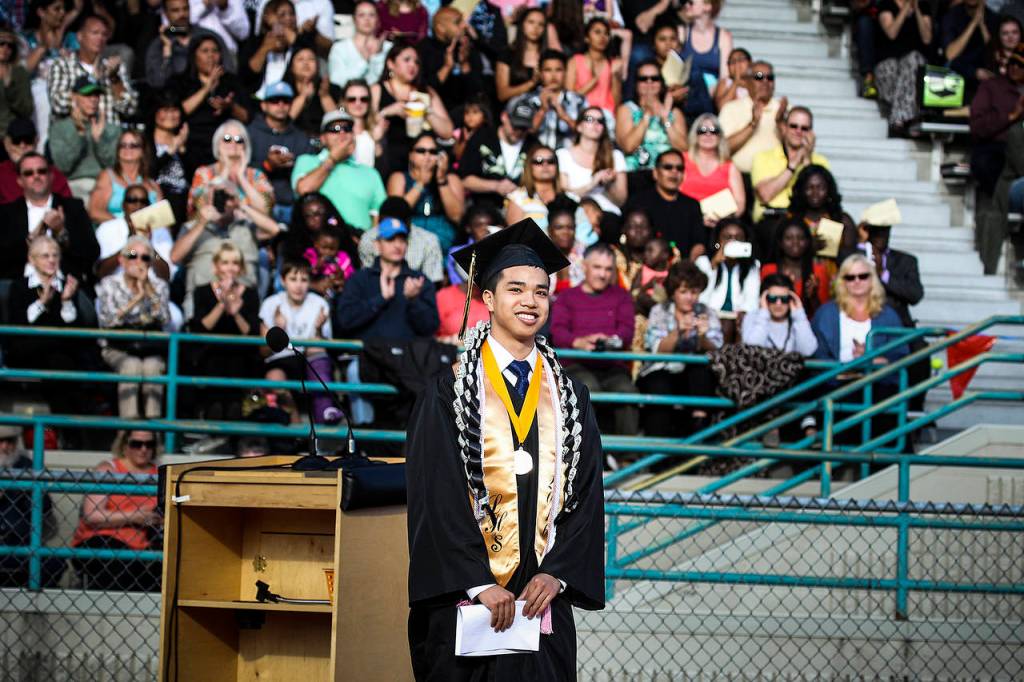 Michael Dinh delivered his valedictorian speech at the Lynnwood High School graduation ceremony in 2016. Dinh is now a freshman at the University of Washington. (Ian Terry / The Herald)