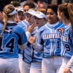 Meadowdale players congratulate each other after defeating Marysville Pilchuck in a 3A district semifinal game on May 18, 2017, at Phil Johnson Ballfields in Everett. (Kevin Clark / The Herald)