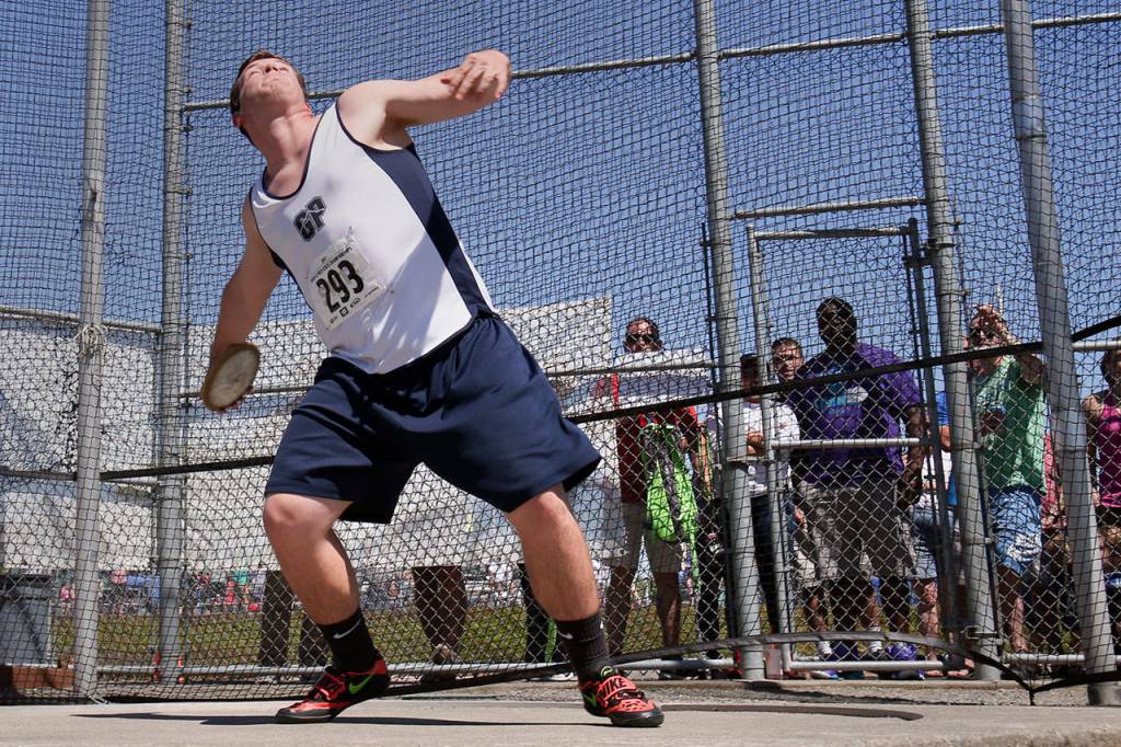 Glacier Peak&rsquo;s Elbert Johnson IV competes in the discus throw during the state track and field championships on May 26, 2017, at Mount Tahoma High School in Tacoma. (Kevin Clark / The Herald)