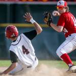 Snohomish&rsquo;s Adam Ivelia is tagged out by Marysville Pilchuck&rsquo;s Trevor Anderson attempting a double play at Earl Torgeson Field in Snohomish on May 10. Snohomish won 5-4. (Kevin Clark / The Herald)