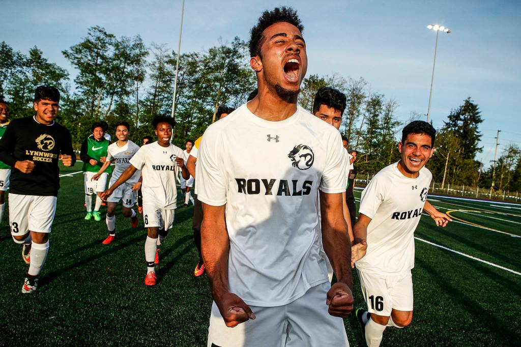 Lynnwood&rsquo;s Ryley Johnson celebrates a 2-1 victory over Squalicum in the 3A District 1 tournament semifinal game May 9 at Shoreline Stadium. (Ian Terry / The Herald)