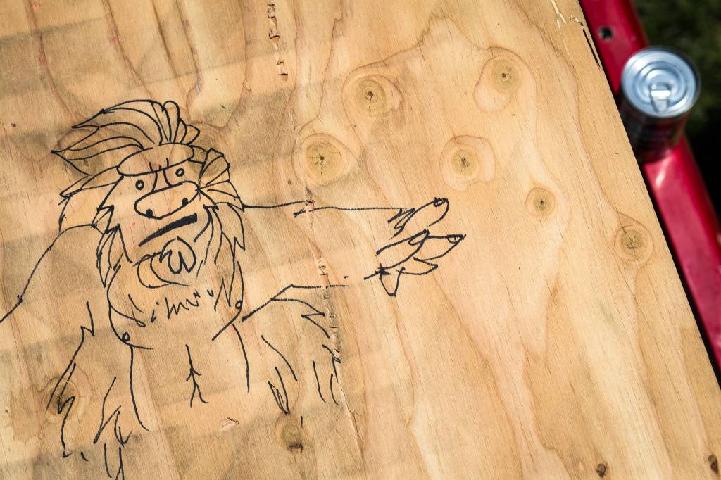 A sasqautch drawing on wood spotted in the campgrounds during day three of the annual Sasquatch! Music Festival on Sunday, May 28, 2017 in George, Wa. (Daniella Beccaria / For the Herald )