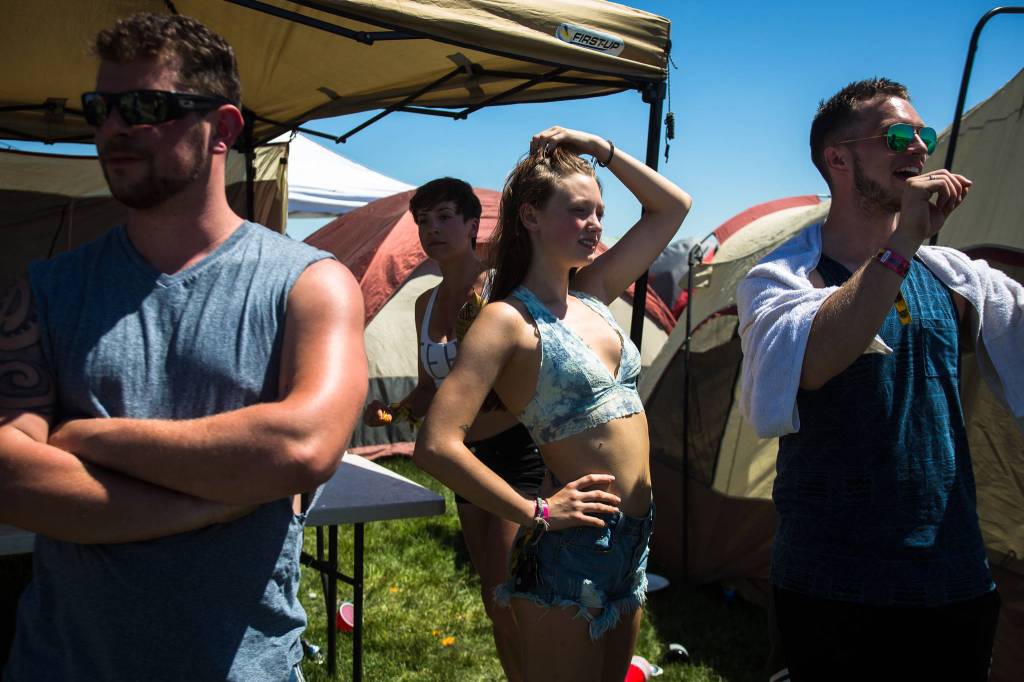 Campers hang out before heading into the festival grounds during day three of the annual Sasquatch! Music Festival on Sunday, May 28, 2017 in George, Wa. (Daniella Beccaria / For the Herald )