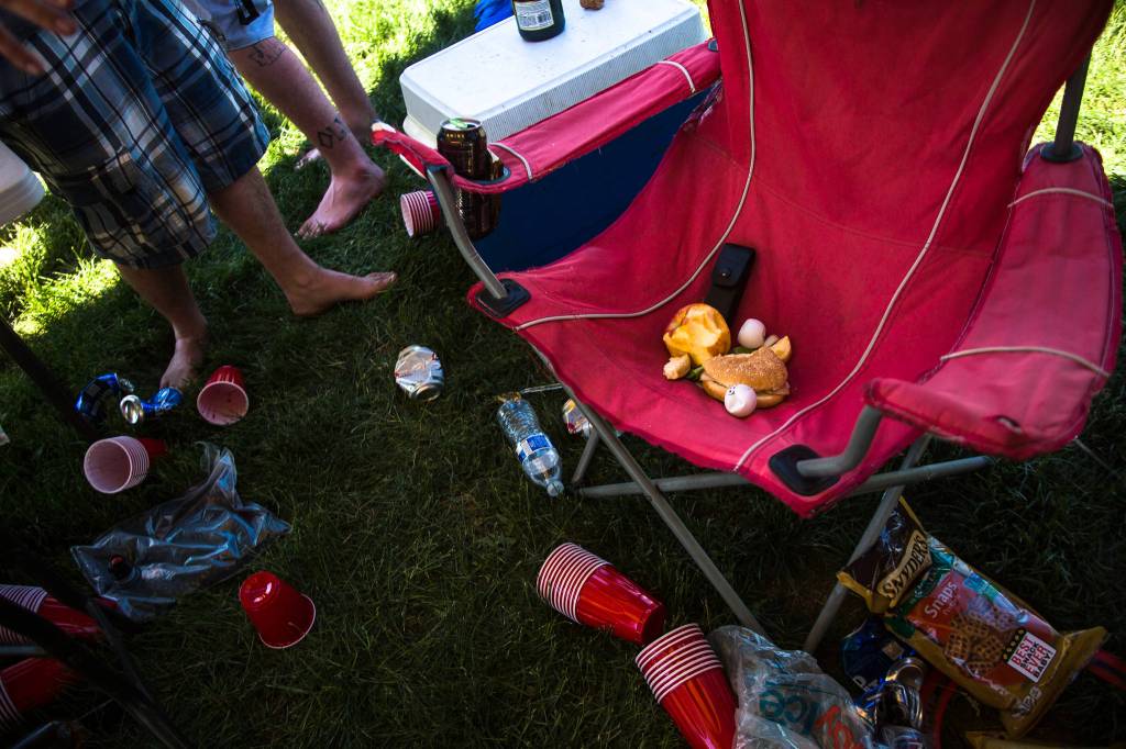 Leftover food and drinks scatter the campground on day three of the annual Sasquatch! Music Festival on Sunday, May 28, 2017 in George, Wa. (Daniella Beccaria / For the Herald )