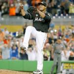 Miami&rsquo;s Edinson Volquez celebrates after the final out of his no-hitter in the Marlins&rsquo; 3-0 win over Arizona Saturday in Miami. (AP Photo/Wilfredo Lee)