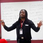 Azrael Howell, then president of the Everett Community College student body, leads a training session for a group of potential student mentors in July, 2015 at the college&rsquo;s north Everett campus. (Mark Mulligan/Herald file photo)