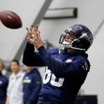 Seattle&rsquo;s Jimmy Graham catches a ball during Thursday&rsquo;s practice in Renton. (AP Photo/Elaine Thompson)