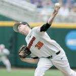 Oregon State freshman Jake Mulholland, a former Snohomish H.S. star, threw 4 1/3 innings of no-hit relief to help the Beavers beat Cal State Fullerton 6-5 in their opening game at the College World Series on Saturday in Omaha, Nebraska. (AP Photo/Nati Harnik)