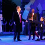 Tina Benko (left) portrays Melania Trump in the role of Caesar&rsquo;s wife, Calpurnia, and Gregg Henry, center left, portrays President Trump in the role of Julius Caesar during a dress rehearsal of The Public Theater&rsquo;s Free Shakespeare in the Park production of Shakespeare&rsquo;s &ldquo;Julius Caesar&rdquo; in New York. Teagle F. Bougere (center right) performs as Casca, and Elizabeth Marvel (right) as Marc Anthony. (Joan Marcus/The Public Theater via AP)