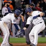 Seattle&rsquo;s Mike Zunino is greeted by Jarrod Dyson after Zunino&rsquo;s two-run home run in the sixth inning of Monday&rsquo;s game in Seattle. (AP Photo/Elaine Thompson)