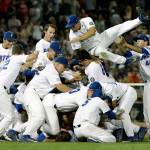 Florida players celebrate after defeating LSU 6-1 to win the College World Series championship in two games Tuesday in Omaha, Nebraska. (AP Photo/Nati Harnik)