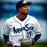 Aquasox centerfielder Brayan Hernandez plays in the Everett Cup exhibition game against the Merchants at Everett Memorial Stadium on June 13. (Ian Terry / The Herald)