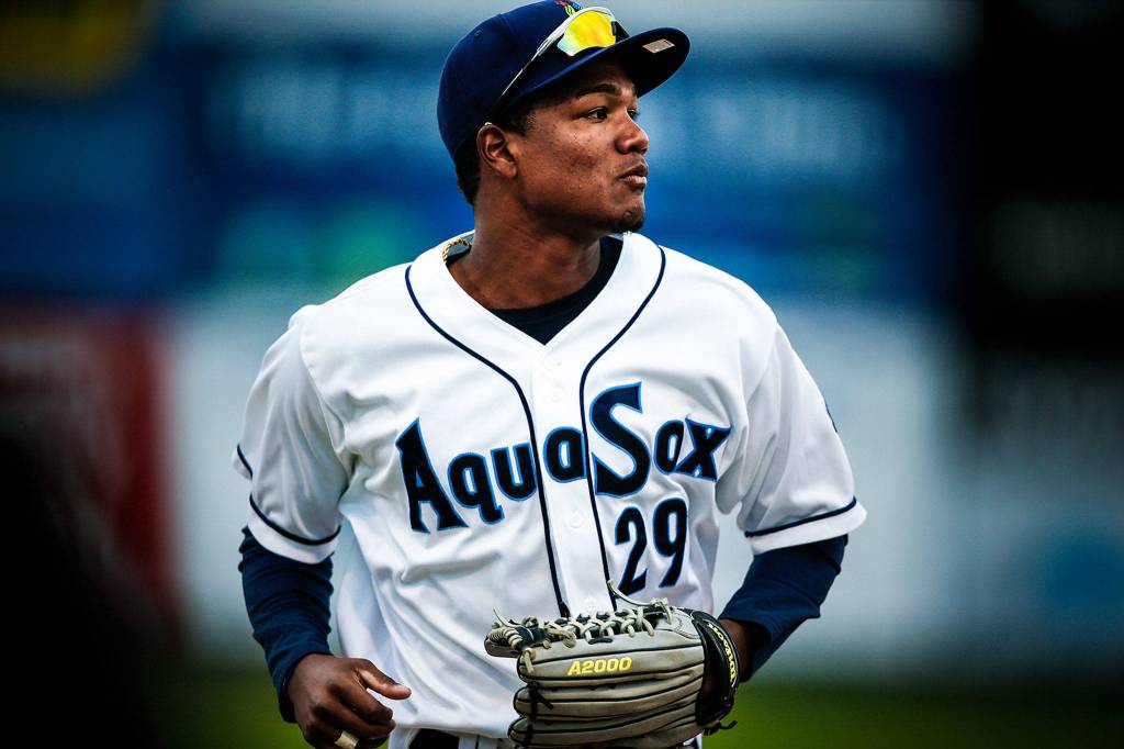 Aquasox centerfielder Brayan Hernandez plays in the Everett Cup exhibition game against the Merchants at Everett Memorial Stadium on June 13. (Ian Terry / The Herald)
