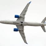 The Bombardier CS300 during a demonstration flight at the Paris Air Show at Le Bourget airport in 2015. (AP Photo/Francois Mori)