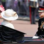 Britain&rsquo;s Prince Harry (right), leaves Buckingham Palace in a carriage with Britain&rsquo;s Camilla, The Duchess of Cornwall, and Kate, The Duchess of Cambridge, to attend the annual Trooping the Colour Ceremony in London on June 17. (AP Photo/Kirsty Wigglesworth)