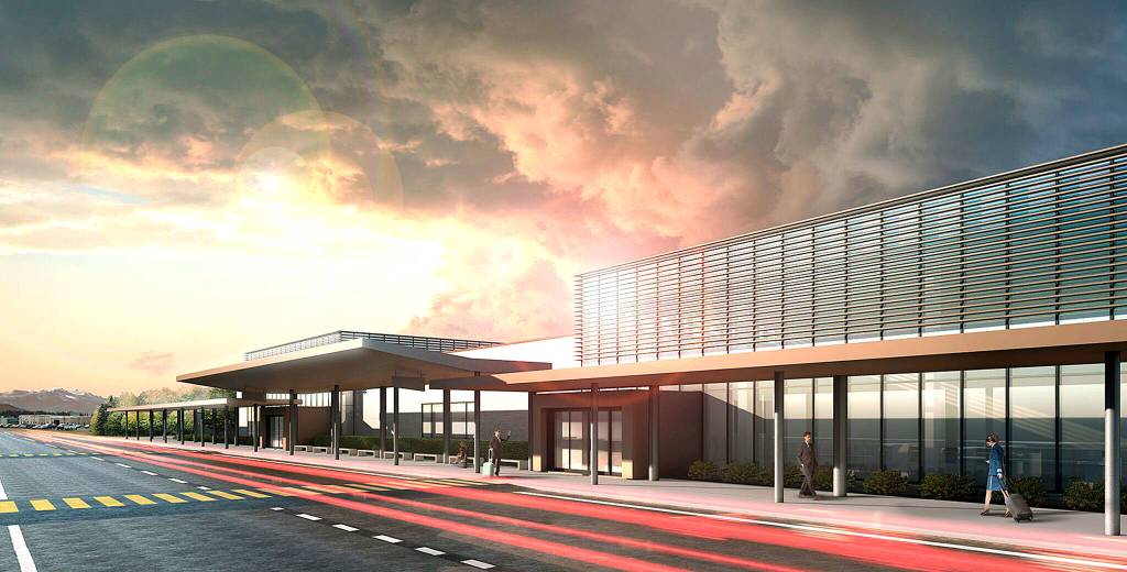 An artist&rsquo;s rendering of the new passenger terminal at Paine Field in Everett. (Propeller Airports)