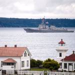 The Arleigh Burke-class guided missile destroyer USS Shoup (DDG 86) transits past Mukilteo Lighthouse Park after departing Naval Station Everett on June 1, 2017. Shoup is part of the Nimitz Carrier Strike Group and is deploying on a scheduled deployment to the Western Pacific. (U.S. Navy photo by Mass Communication Specialist 2nd Class Alex Van&rsquo;tLeven)