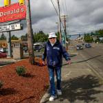 Step by step, Ron Williams, 84, makes his way along Everett Mall Way. He walks six miles each day, sometimes stopping at McDonald&rsquo;s between his morning and afternoon three-mile walks. (Dan Bates / The Herald)