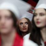 A Snohomish High senior scans the arena before the start of her graduation ceremony at Xfinity Arena on Monday in Everett. (Andy Bronson / The Herald)