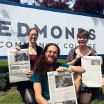 Edmonds Community College student journalists (from left) Tara Pegasus, Zachary Bigelow and Liza Efimovskaya have been honored by the Pacific Northwest Association of Journalism Educators for excellence in journalism. (Contributed photo)