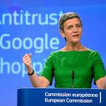 European Union Commissioner for Competition Margrethe Vestager speaks during a news conference at EU headquarters in Brussels on Tuesday. The European Union&rsquo;s competition watchdog has fined internet giant Google over its online shopping service. (AP Photo/Virginia Mayo)