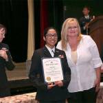 Navy Junior ROTC Cadet Angel Reyes is awarded Senior Cadet of the Year by Donetta Oremus, the Marysville School District&rsquo;s CTE director. (Contributed photo)