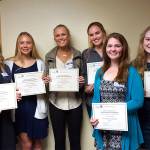 The Stanwood-Camano Branch of AAUW on May 12 recognized nine young women for their abilities in science, technology, engineering and math: from left, Hannah Grierson, Saylor Anderson, Emily Senyitko, Paige Shimkus, Alicia Fanning and Lyndsie Holden. Not pictured are Palina Buchanan, Melissa Christoferson and Teaghen Eddy. (Contributed photo)