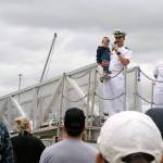 Cmdr. Ted Wiederholt, commanding officer of the Arleigh Burke-class guided-missile destroyer USS Shoup (DDG 86) address friends and family of the crew on June 1, 2017, before the ship departs Naval Station Everett. Shoup is part of the Nimitz Carrier Strike Group and is departing on a scheduled deployment to the Western Pacific. (U.S. Navy photo by Mass Communication Specialist 2nd Class Alex Van&rsquo;tLeven)