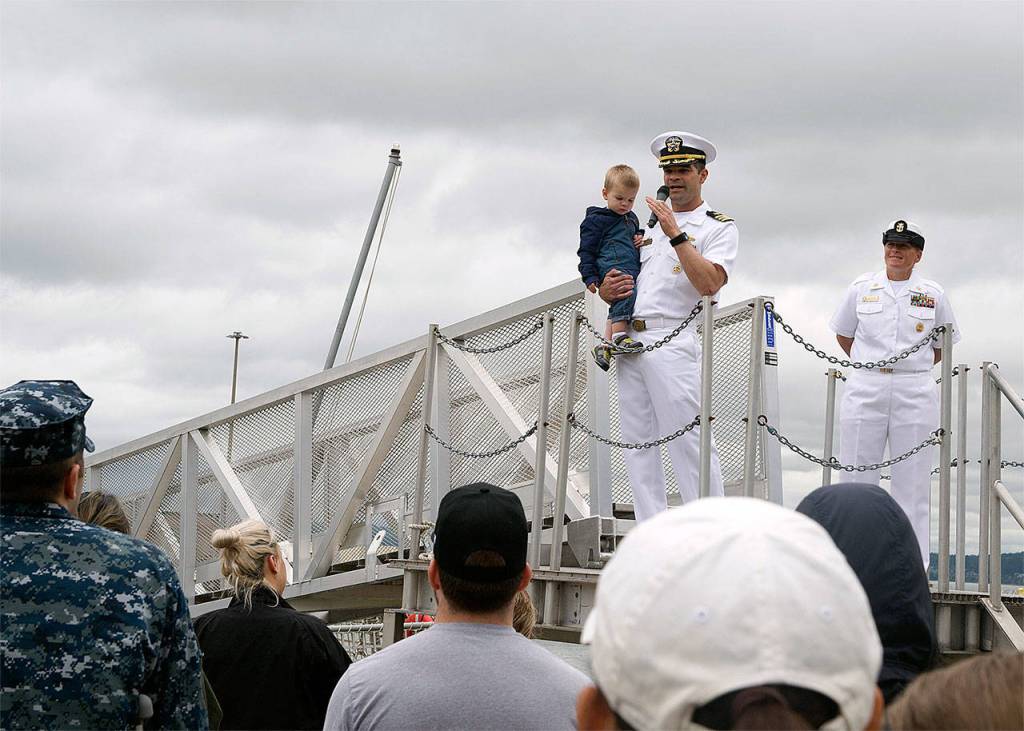 Cmdr. Ted Wiederholt, commanding officer of the Arleigh Burke-class guided-missile destroyer USS Shoup (DDG 86) address friends and family of the crew on June 1, 2017, before the ship departs Naval Station Everett. Shoup is part of the Nimitz Carrier Strike Group and is departing on a scheduled deployment to the Western Pacific. (U.S. Navy photo by Mass Communication Specialist 2nd Class Alex Van&rsquo;tLeven)