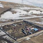 This Feb. 13 aerial photo shows a site where the final phase of the Dakota Access Pipeline will take place with boring equipment routing the pipeline underground and across Lake Oahe to connect with the existing pipeline in Emmons County in Cannon Ball, North Dakota. (Tom Stromme /The Bismarck Tribune via AP, File)