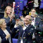 Green Party&rsquo;s gay rights activist Volker Beck (front right) and fellow faction members celebrate with a confetti popper after German Federal Parliament, Bundestag, voted to legalize same-sex marriage in Berlin on Friday. (AP Photo/Michael Sohn)